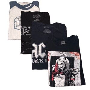 Lot of 4 T-shirts Suicide Squad Harley Quinn Led Zeppelin AC/DC Quinella Brewery